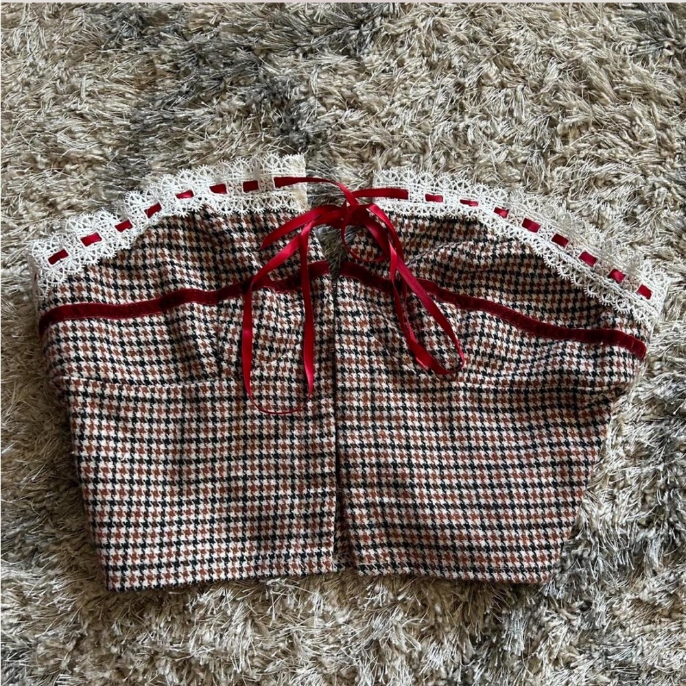 Houndstooth Corset Top with Red Ribbon